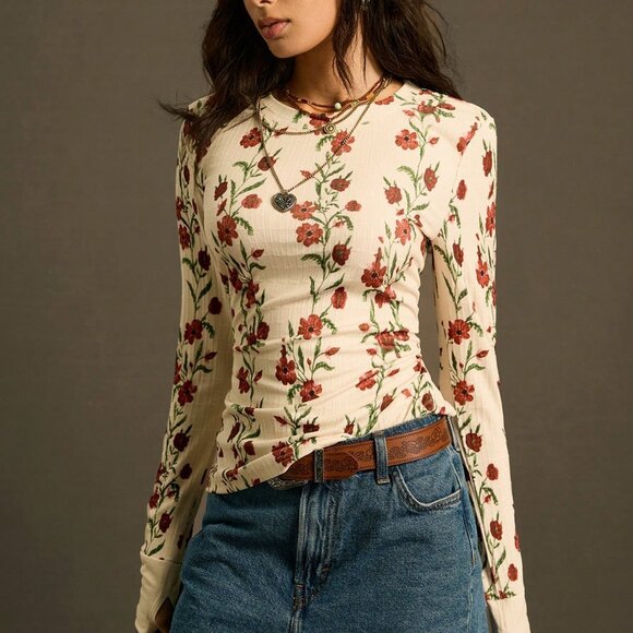 Tops - Apricot Boho Women's Elastic Ribbed Long Sleeve T-Shirt w/Floral Cinched Waist